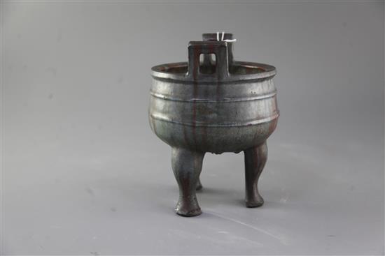 A Chinese Yixing pottery tripod censer, Ding, 18th century, height 20.5cm, body crack